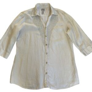 Chico's White Linen Tunic Button Down Beaded Blouse Collared Top Women’s 3 XL